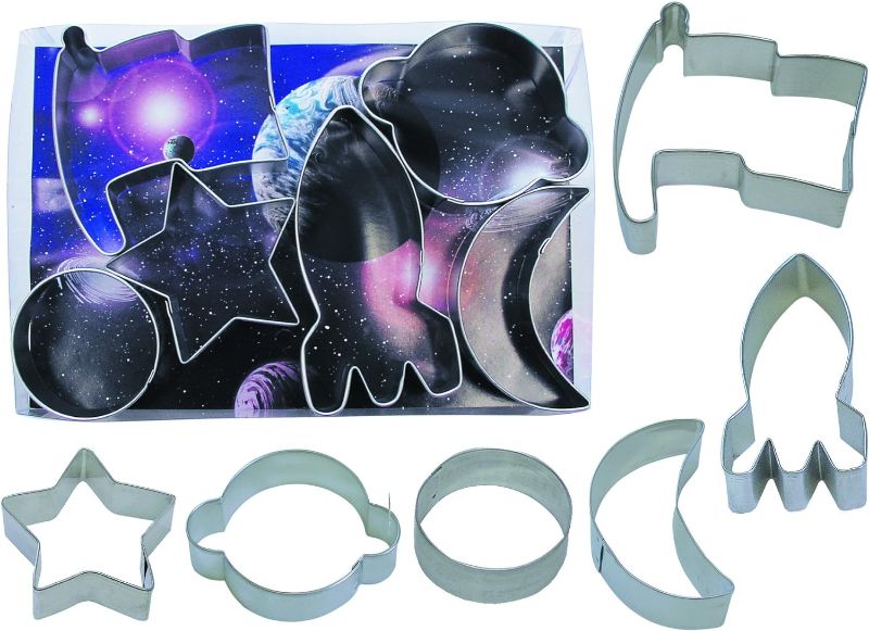 Photo 1 of R&M International Space Cookie Cutters, Rocket, Star, Crescent Moon, Flag, Planet, Circle, 6-Piece Set, Silver
