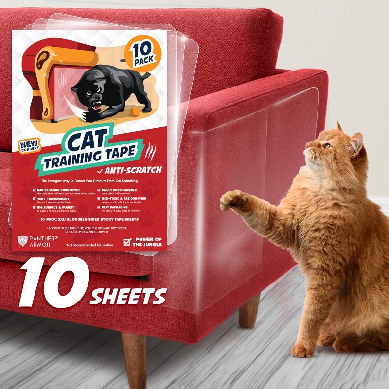 Photo 1 of Panther Armor 10(Ten)-Pack Cat Scratch Deterrent Tape – Double Sided Anti Cats Scratching Sticky Tape – 5-Pack XL 16" L 12" W + 5-Pack Large 17" L 10" W Furniture Protectors – Clear Training Tape
