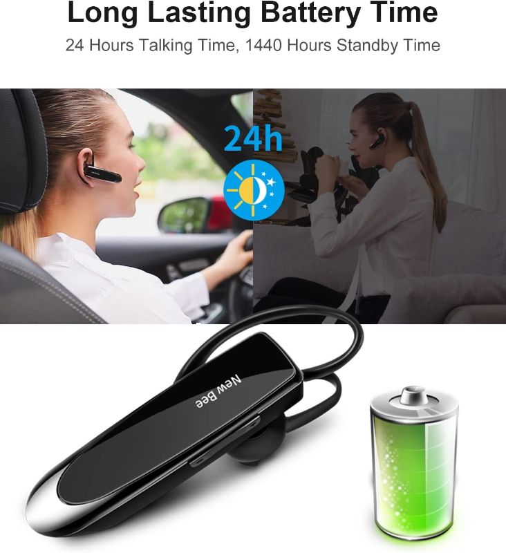 Photo 3 of New bee Bluetooth Earpiece V5.0 Wireless Handsfree Headset with Microphone 24 Hrs Driving Headset 60 Days Standby Time for iPhone Android Samsung Laptop Trucker Driver (Black)
