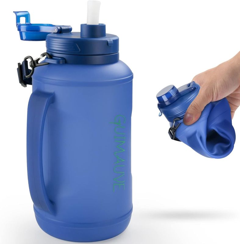 Photo 1 of GUIMAUVE Collapsible Water Bottles 2L/64OZ with Straw, Motivational Time Marker & Leakproof Valve, Half Gallon Silicone Water Bottle BPA Free for Travel Yoga Camping Outdoors
