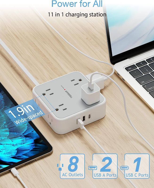 Photo 2 of Surge Protector Flat Extension Cord Flat Plug Power Strip, 8 AC Outlets, 3 USB Charger(1 USB C Port) 3-Sided Outlet Extender, 5 Ft, 900 Joules Protection, Office Supplies, Dorm Room Essentials, Grey
