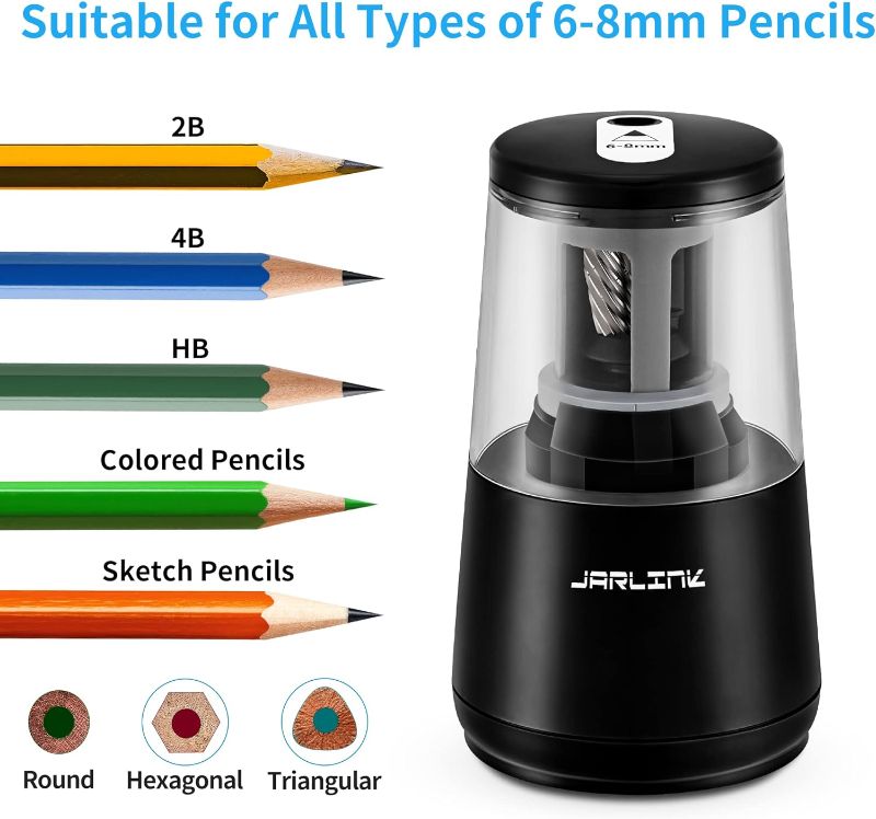 Photo 3 of JARLINK Electric Pencil Sharpener, Heavy-duty Helical Blade to Fast Sharpen, Auto Stop for No.2/Colored Pencils(6-8mm), USB/Battery Operated in School Classroom/Office/Home (Black)
