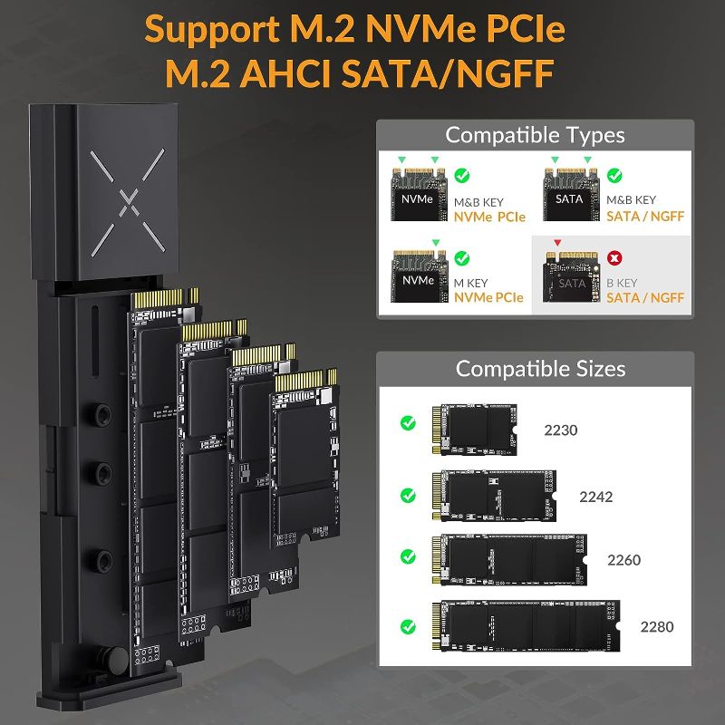Photo 2 of iDSOniX M.2 [NVMe & SATA] SSD Enclosure Adapter[Tool Free][Aluminum], NVMe to USB 3.2 Gen 2 10Gbps, M.2 to USB C&A Supports M-Key/B+M Key, with UASP Trim for 2230/2242/2260/2280 SSD
