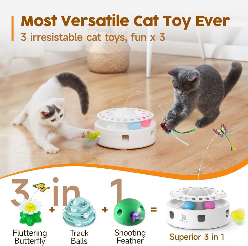 Photo 2 of Potaroma Cat Toys 3in1 Automatic Interactive Kitten Toy, Fluttering Butterfly, Moving Ambush Feather, Track Balls, Dual Power Supplies, USB Powered, Indoor Exercise Kicker (Bright White)
