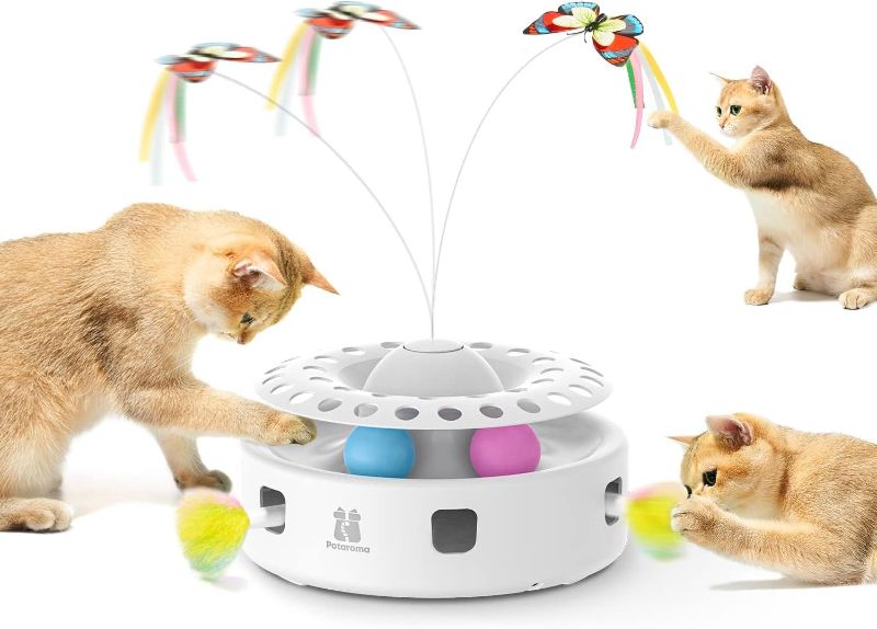 Photo 1 of Potaroma Cat Toys 3in1 Automatic Interactive Kitten Toy, Fluttering Butterfly, Moving Ambush Feather, Track Balls, Dual Power Supplies, USB Powered, Indoor Exercise Kicker (Bright White)
