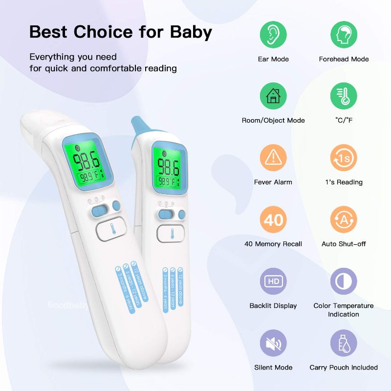 Photo 2 of GoodBaby Touchless Thermometer for Adults,Forehead and Ear LCD Display Thermometer for Fever,Infrared Magnetic Thermometer for Baby Kids Surface and Room
