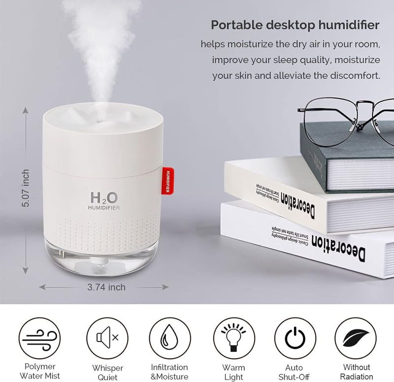 Photo 2 of Portable Mini Humidifier, 500ml Small Cool Mist Humidifier, USB Personal Desktop Humidifier for Baby Bedroom Travel Office Home, Auto Shut-Off, 2 Mist Modes, Super Quiet, White
