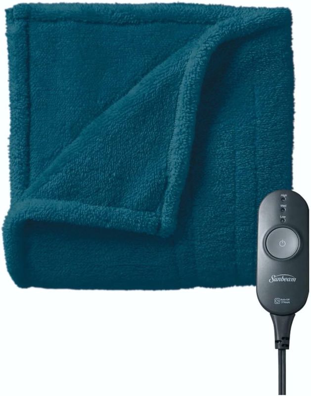 Photo 1 of Sunbeam Microplush Comfy Toes Electric Heated Throw Blanket Foot Pocket Legion Blue Washable Auto Shut Off 3 Heat Settings
