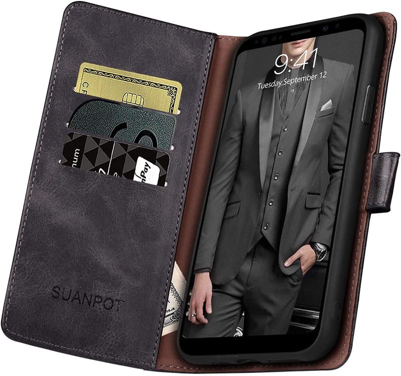 Photo 3 of SUANPOT for Samsung Galaxy S9 5.8"(Non S9+) with RFID Blocking Leather Wallet case Credit Card Holder,Flip Folio Book Phone case Shockproof Cover Women Men for Samsung S9 case Wallet Black
