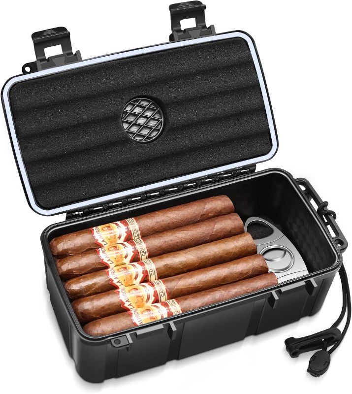 Photo 1 of Flauno Travel Cigar Case, Leather Cedar Wood Travel Cigar Humidor with Triple Jet Flame Cigar Lighter with Cigar Punch and Cigar Needle, Cigar Cutter, Cigar Holder, Gift for Men
