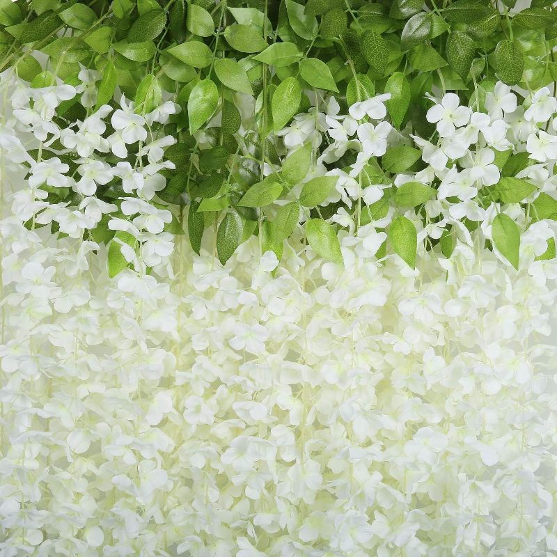 Photo 1 of Artificial Flower Wisteria Hanging Vine for Home Decoration Plants Plastic Flowers Decor Items Decorative Bunch Creepers Garlands Leaves Wedding Room, 110 CM (White, 6 Pieces)
