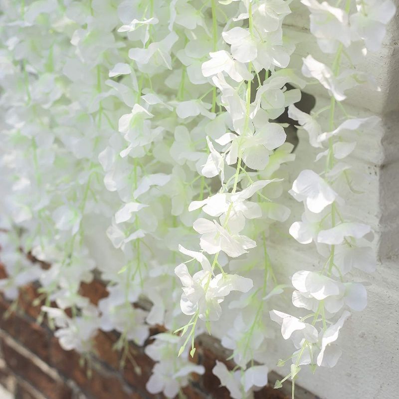Photo 3 of Artificial Flower Wisteria Hanging Vine for Home Decoration Plants Plastic Flowers Decor Items Decorative Bunch Creepers Garlands Leaves Wedding Room, 110 CM (White, 6 Pieces)
