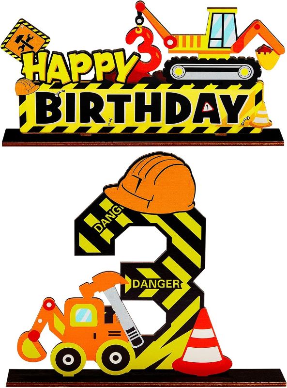 Photo 1 of 2 Pieces Construction Birthday Party Supplies Truck 3rd Letter Sign Kids Construction Party Decorations Excavator Construction Hat 3 Years Old Number Sign Construction Favor for Kids Boy Baby Shower