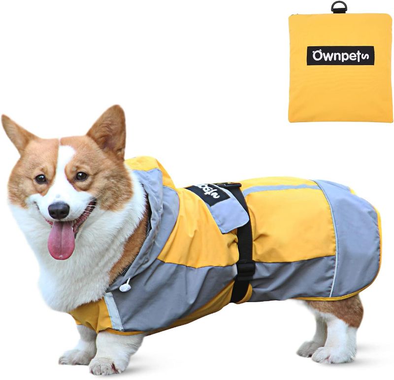 Photo 1 of Ownpets Foldable Dog Raincoat, Adjustable Waterproof Pet Jacket with Reflective Straps & Storage Pocket, Lightweight Pet Raincoat for Small to Medium Dogs, S, M
