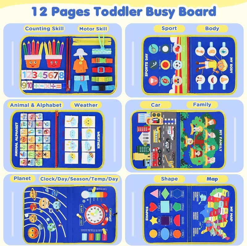 Photo 2 of URMYWO Busy Board for Toddlers, Montessori Toys for 1 2 3 4 Year Old Toddlers Busy Book Preschool Learning Activities with Alphabet Number, Animal Travel Toys Gifts (Blue 12 Pages)
