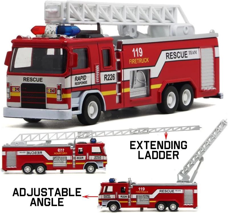 Photo 1 of Diecast Fire Truck Engine Emergency Rescue Pullback Action Alloy Metal Toy Vehicle w/Extendable Ladder
