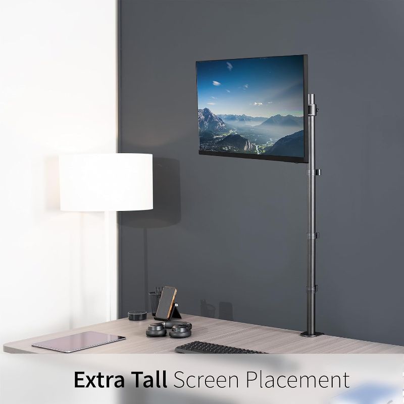 Photo 2 of Extra Tall Single Monitor Desk Mount Stand 39 inch Pole. Features Full Adjustability - Tilt and Articulation, Holds 13 to 32 inch Screens up to 22 lbs with VESA Mounting, Black, STAND-V011
