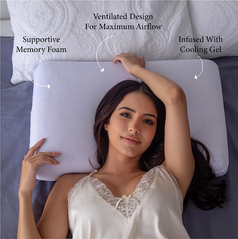 Photo 1 of Pharmedoc Cooling Memory Foam Bed Rest Pillows, 1 Pack, Ventilated Lilac Dreamer, Reading, Standard, Back and Side Sleeper Support, Sleeping Pillows for Adults
