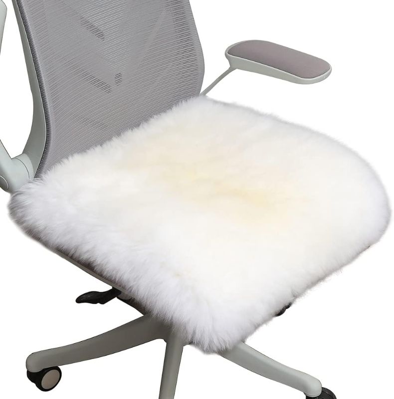 Photo 1 of LLB Sheepskin Chair Cushion Non-Slip Back Square Genuine Fur Chair Cover Silky Natural Wool Seat Cushion Pad Soft Area Rugs Carpet for Home Office Restaurant Chair 18x18 Inch (Pack of 1), Ivory White
