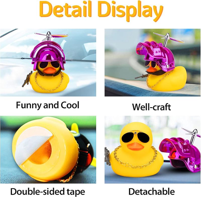 Photo 2 of wonuu Rubber Yellow Duck Car Ornaments Cool Duck Car Dashboard Decorations with Propeller Helmet Sunglasses (Colorful Pink-Yellow G)
