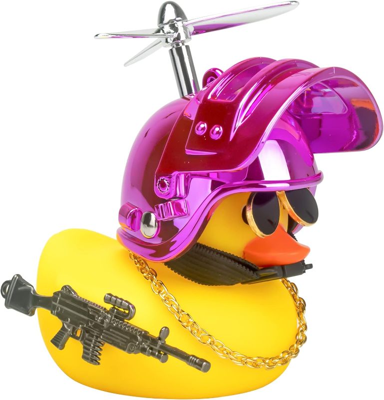 Photo 1 of wonuu Rubber Yellow Duck Car Ornaments Cool Duck Car Dashboard Decorations with Propeller Helmet Sunglasses (Colorful Pink-Yellow G)

