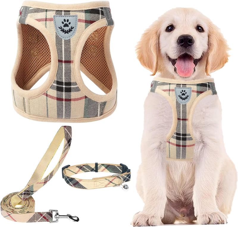Photo 1 of PUPTECK Adjustable Dog Harness Collar and Leash Set Step in No Pull Pet Harness for Small Medium Dogs Puppy and Cats Outdoor Walking Running, Soft Mesh Padded Reflective Vest Harnesses, Beige S
