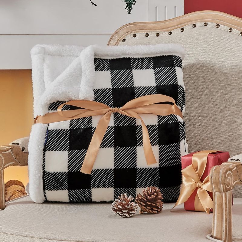 Photo 2 of BEDELITE Sherpa Fleece Blanket - Black and White Buffalo Plaid Christmas Blanket, Super Soft Cozy Warm Thick Winter Throw Blankets for Couch and Bed, 50" x 60"
