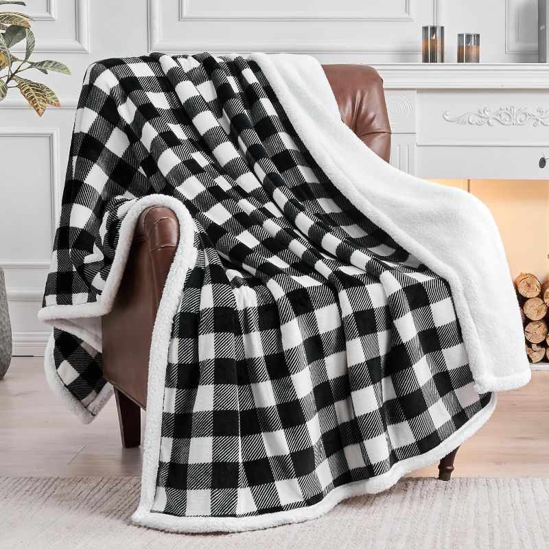 Photo 1 of BEDELITE Sherpa Fleece Blanket - Black and White Buffalo Plaid Christmas Blanket, Super Soft Cozy Warm Thick Winter Throw Blankets for Couch and Bed, 50" x 60"
