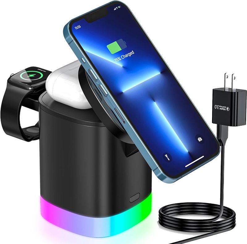 Photo 1 of Magnetic Wireless Charging Station for Apple Series,3 in 1 Faster Mag-Safe Wireless Charger Stand for iPhone 14/13/12 Series/iPhone11/Samsung, Apple Watch Series and Airpods with QC3.0 Adapter
