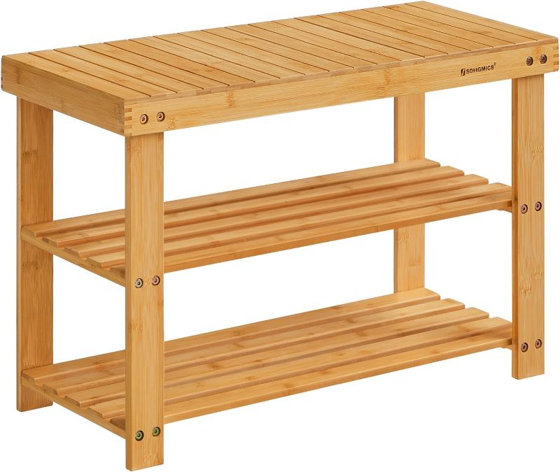 Photo 1 of SONGMICS Shoe Rack Bench, 3-Tier Bamboo Shoe Storage Organizer, 11.3 x 27.6 x 17.8 Inches, Natural ULBS04N
