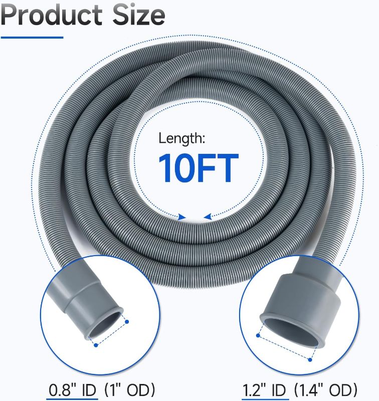 Photo 2 of JUWO 10 Ft Washing Machine Drain Hose Extension, Universal Corrugated Discharge Hose for Magic Chef, Panda, Hair, Clamps and Adapter Included, Grey
