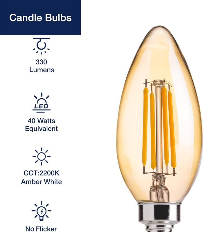 Photo 2 of FLSNT 40W Equivalent LED Chandelier Light Bulbs, Dimmable Amber LED B11 E12 Candelabra Base Bulbs, 2200K Warm White, 330LM, 6 Pack
