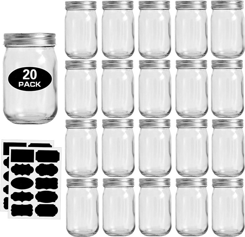 Photo 1 of 12oz Glass Jars With Lids Regular Mouth 20 Pack -Mason Jars 12 oz For Crafts, Meal Prep, Canning Jars For Food Storage Frascos De Vidrio Con Tapa Para Conservas-with 20 Chalkboard Stickers-Silver Lid
