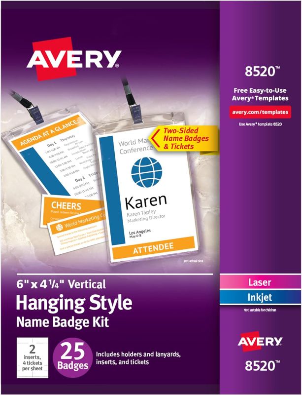 Photo 1 of Avery Customizable Name Badges, 6" x 4.25", Printable Name Tag Inserts with Tickets, 25 Vertical Name Tag Holders with Lanyards (8520)
