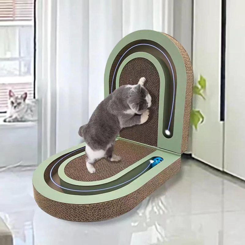 Photo 1 of LEQOS Extra Long 26" Folding Cat Scratch Pad with Chasing Bells Double Sided Interactive Durable Cardboard Cat Scratcher Cat Scratching Board for Cats Cardboard Scratching Pads for Indoor Cat Toy
