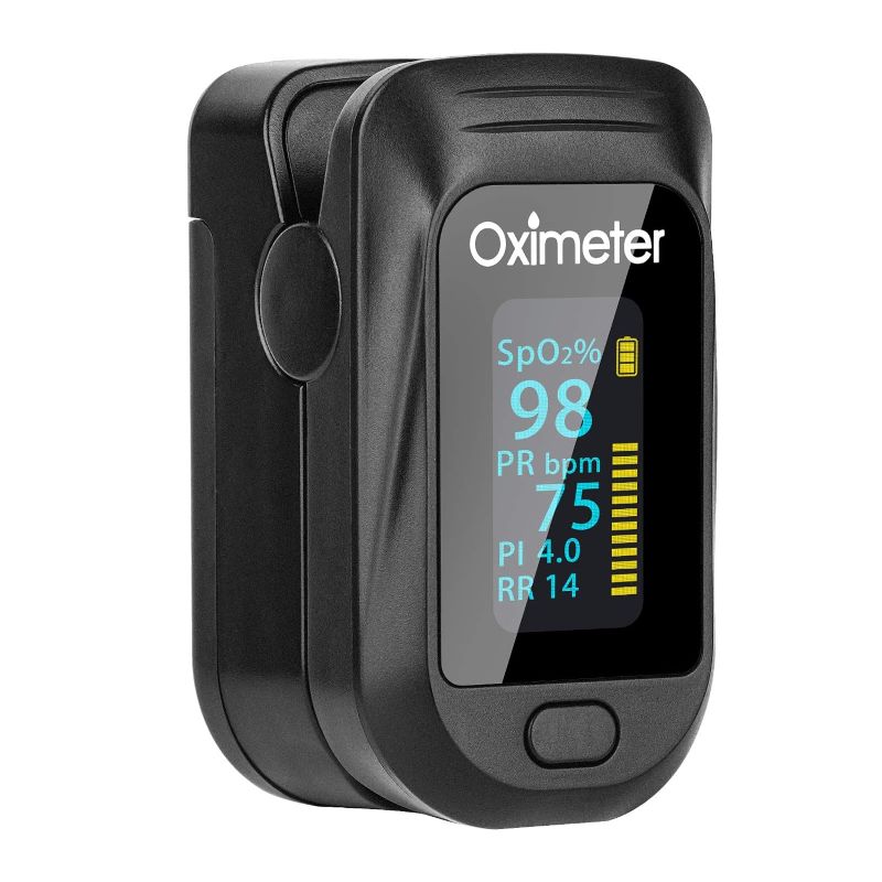 Photo 1 of Tomorotec Fingertip Pulse Oximeter Accurate Blood Oxygen Saturation Level (SpO2), Perfusion Index (PI), Pulse Rate (PR), Respiratory Rate (RR) Monitor with Lanyard [Sports & Aviation Use Only] (Black)

