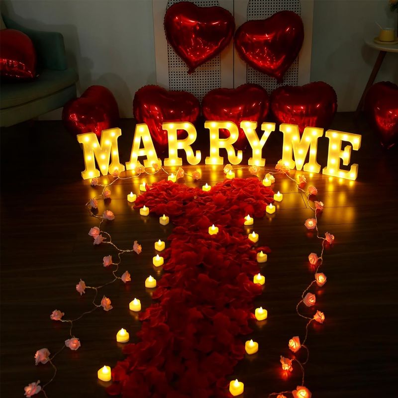 Photo 1 of 4058 Pcs Marry Me Sign Valentine's Day Proposal Decorations Kit, Lighted Letters with 4000 Pcs Rose Petals 24 Pcs LED Heart Candles 2 Pcs Pink Rose String Lights 24 Pcs Heart Balloon
