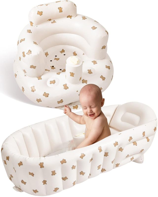 Photo 1 of 2 Pack Baby Inflatable Seat and Inflatable Baby Bathtub for Babies 3-36 Months with Built in Air Pump Infant Back Support Sofa Newborn to Toddler Bath Tub Portable Travel Shower Basin (Cute Bear)
