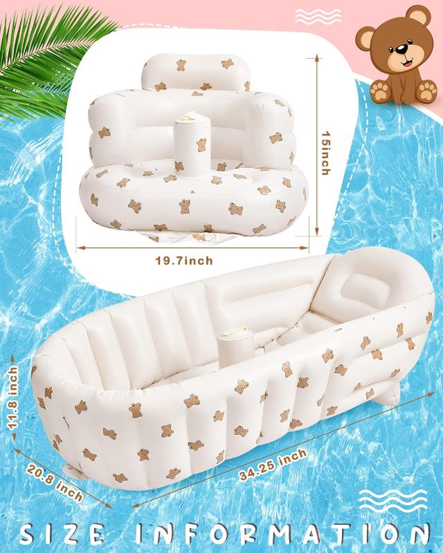 Photo 2 of 2 Pack Baby Inflatable Seat and Inflatable Baby Bathtub for Babies 3-36 Months with Built in Air Pump Infant Back Support Sofa Newborn to Toddler Bath Tub Portable Travel Shower Basin (Cute Bear)
