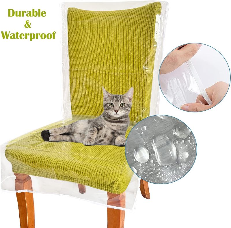 Photo 2 of Plastic Chair Covers 21x18 Inch PE Waterproof Plastic Chair Covers Protectors Keep Your Dinning Chair Away from Dust/Stains/Cat Dog Hair/Scratches Clear Chair Cover W/21 x D/18 Inch (4 Pack)
