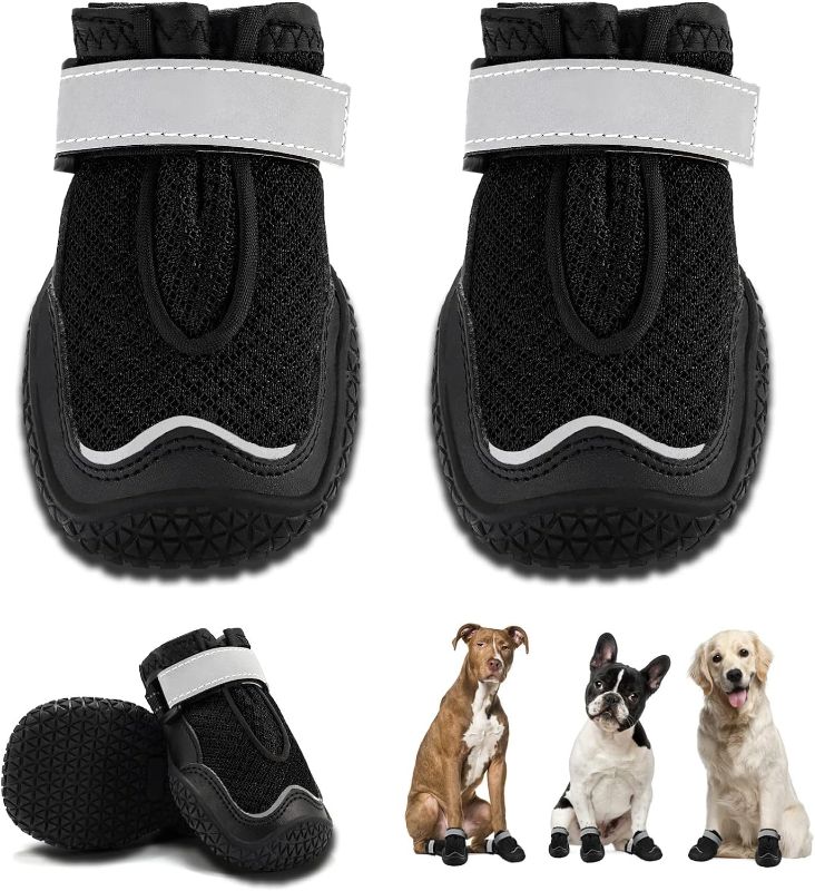 Photo 1 of Hcpet Dog Boots Breathable Dog Shoes for Hot Pavement, Heat Resistant Dog Booties with Reflective Straps, Puppy Outdoor Paw Protectors with Rubber Soles for Hiking and Running Black Size 5
