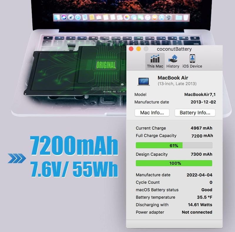 Photo 2 of Replacement Battery for MacBook Air 13 inch A1466 (Mid 2012, Mid 2013, Early 2014, Early 2015,2017) A1369(Late 2010, Mid 2011) 7200mAh Laptop Battery for Apple MacBook Air A1496 A1377 A1405 Battery
