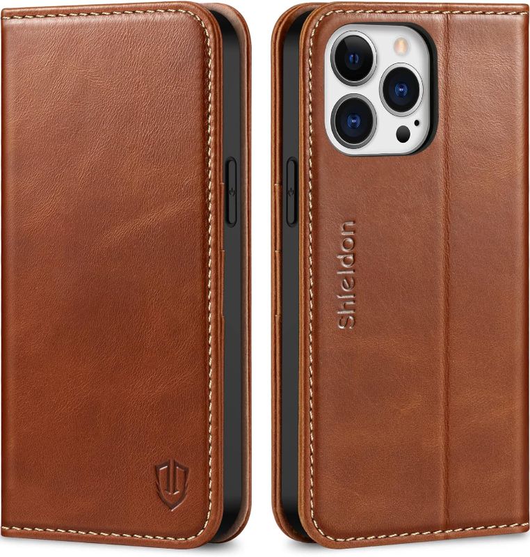 Photo 1 of SHIELDON Case for iPhone 13 Pro Max 5G, Genuine Leather Folio Wallet Magnetic Shock Absorbing Case RFID Blocking Credit Card Holder Kickstand Compatible with iPhone 13 Pro Max 6.7" - Retro Brown
