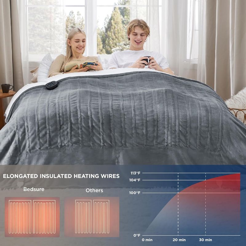 Photo 2 of Bedsure Flannel Electric Blanket King - Flannel Heated Blanket with 10 Heat Settings, Heating Blanket with 10 Time Settings, 8 hrs Timer Auto Shut Off, and Dual Control (100x90 inches, Grey)
