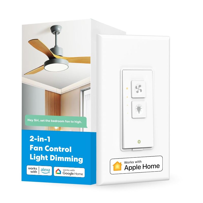 Photo 1 of meross Smart Ceiling Fan Control and Dimmer Light Switch, Supports Apple HomeKit, Alexa, Google & SmartThings, 2.4G Wi-Fi Fan and Light Switch Combo, Neutral Wire Needed, Single Pole, 4-Speed, 1 Pack
