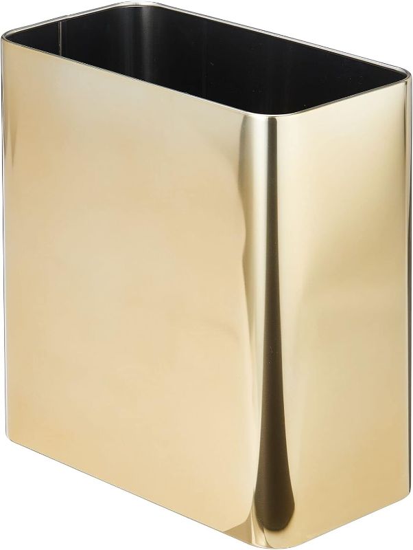 Photo 1 of mDesign Stainless Steel Slim Rectangular Modern Metal 2.6 Gallon/10 Liter Trash Can Wastebasket, Garbage Container Bin for Bathroom, Bedroom, Kitchen, Home Office; Holds Waste, Recycling - Soft Brass
