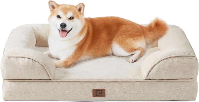Photo 1 of EHEYCIGA Orthopedic Dog Beds for Large Dogs, Waterproof Memory Foam Large Dog Bed with Sides, Non-Slip Bottom and Egg-Crate Foam Large Dog Couch Bed with Washable Removable Cover, Beige
