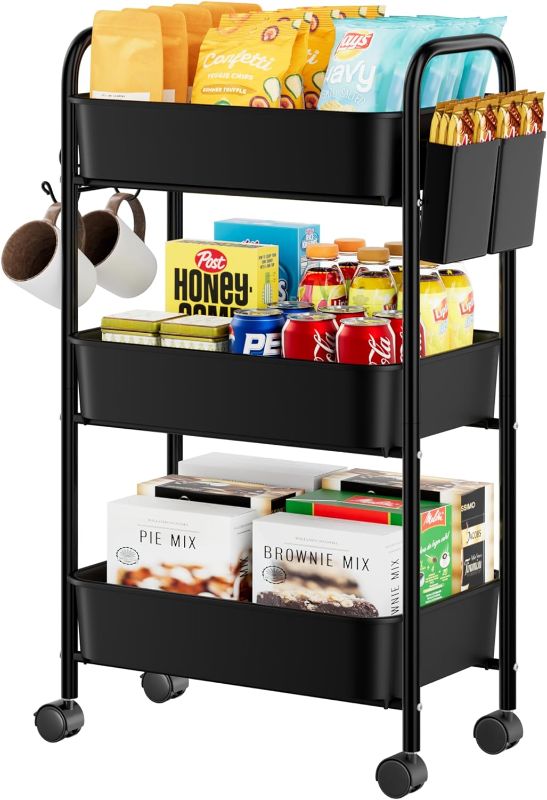 Photo 1 of Simple Trending 3 Tier Rolling Storage Cart, Utility Organizer Shelves with Wheels for Kitchen Bathroom, Basket 17.5"x12" Black
