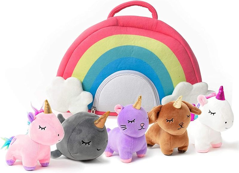 Photo 1 of PixieCrush 5pc Unicorn-Themed Stuffed Animal Set with Rainbow Case - Includes Unicorns, Kitty, Puppy, Narwhal - Soft, Durable & Vibrantly Colored Toys, Unicorn Gifts for Girls
