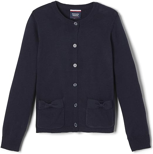 Photo 1 of French Toast Girls' Big Long Sleeve Bow Pocket Cardigan, Navy, 10-12
